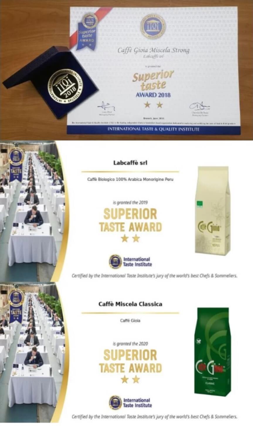 Caffè Gioia Superior Taste Award díjak – 2018 Strong, 2019 Bio Arabica és 2020 Classica keverékek nemzetközi elismerései egy képen.