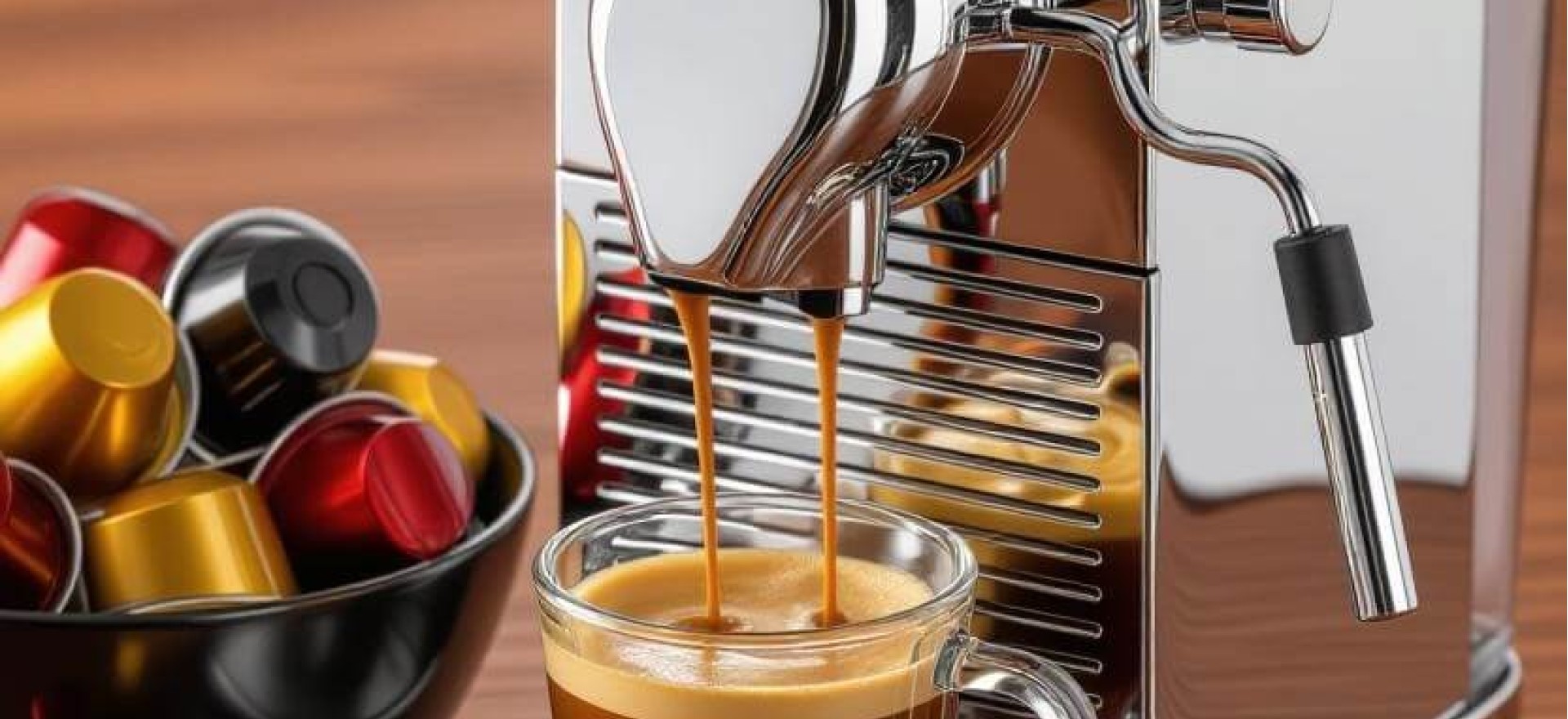 Olasz kávé – Caffé Gioia kávékapszulák és Nespresso kompatibilis kávégép egy csésze kávéval.