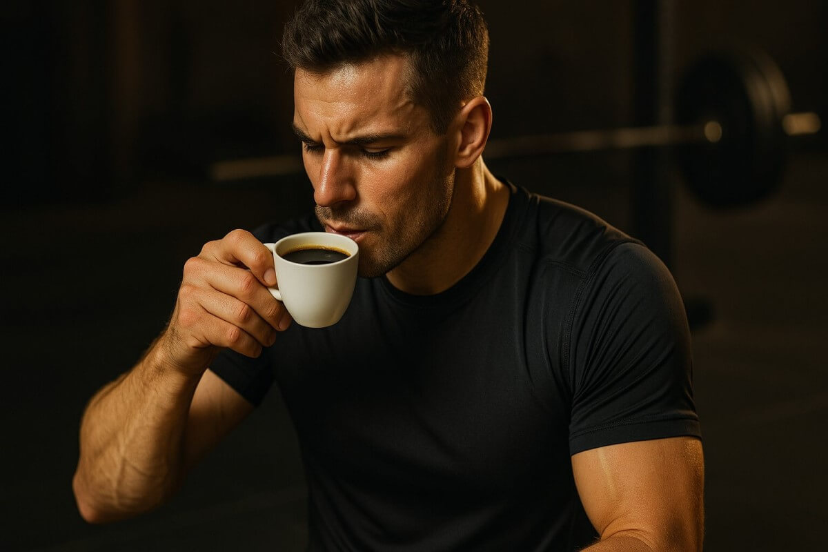 Sportoló férfi edzőteremben olasz espressót iszik edzés előtt – kávé mint természetes teljesítményfokozó