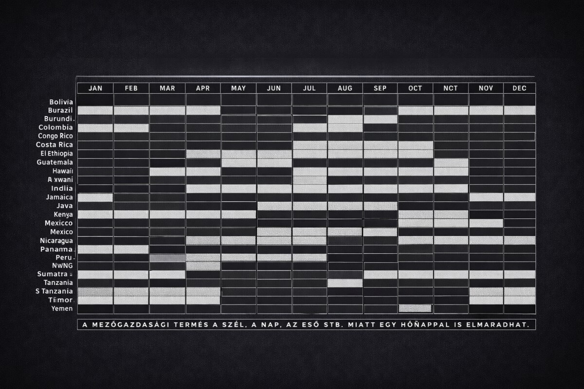 Kávétermő vidékek és betakarítási időszakok táblázata