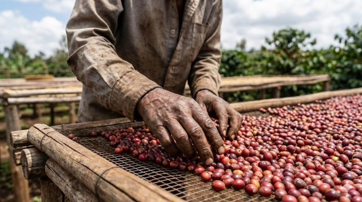 Kávécseresznyék feldolgozás közben