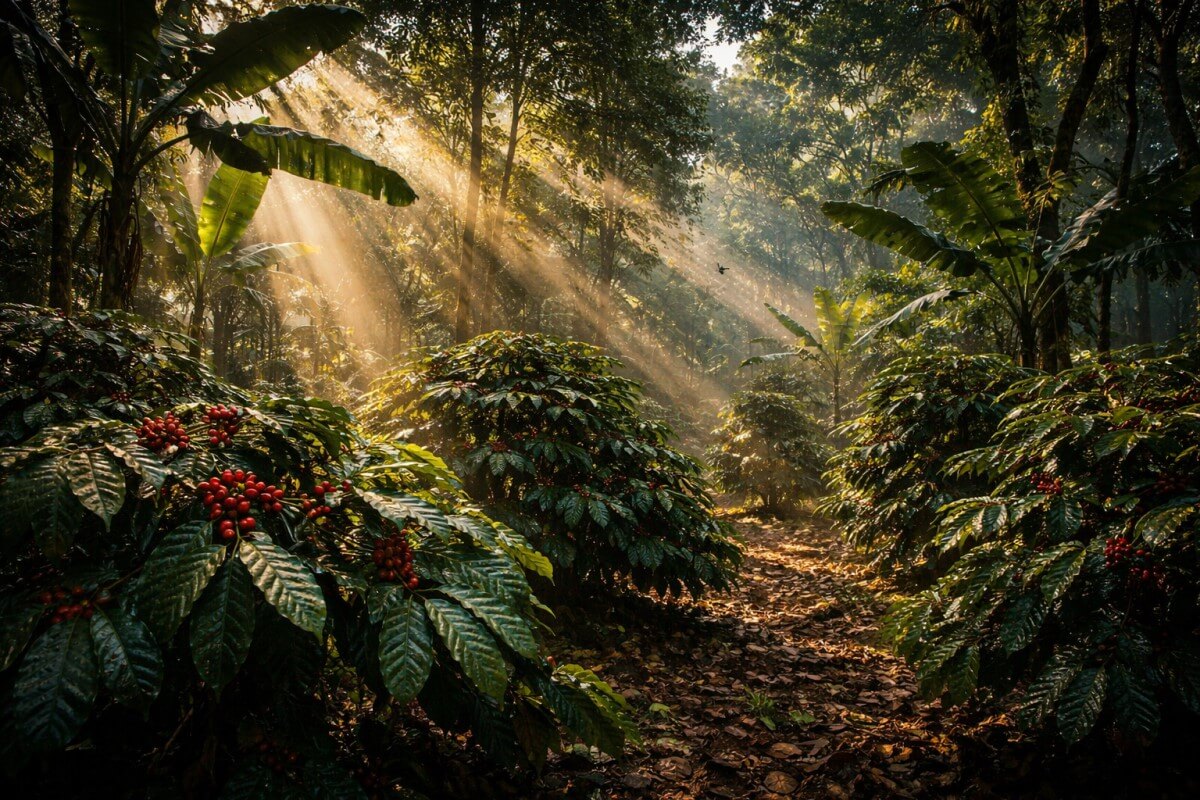 Nagylátószögű kép egy árnyékos kávéültetvényről banánfákkal és biodiverz ökoszisztémával