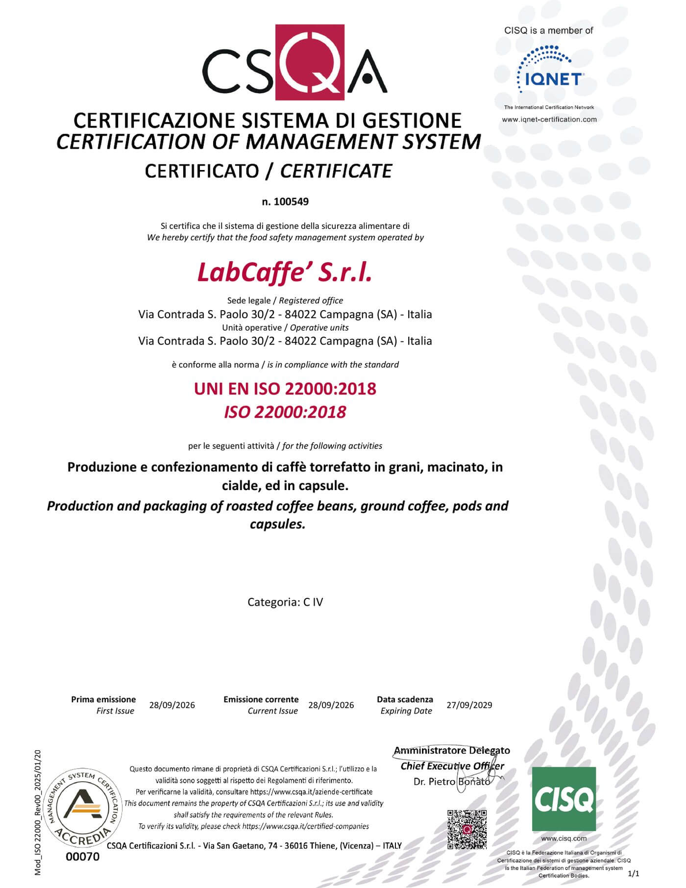 Caffè Gioia ISO 22000:2018 tanúsítvány (CSQA) – LabCaffè S.r.l., érvényes 2029.09.27-ig