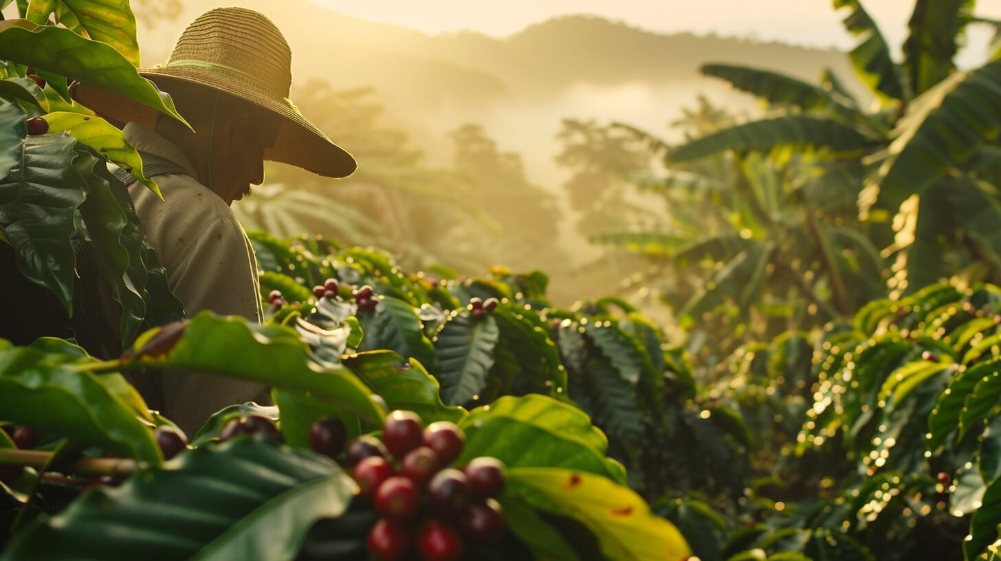 Arabica kávécserjék magashegységi ültetvényen, árnyékoló fákkal és ködös távoli hegyekkel