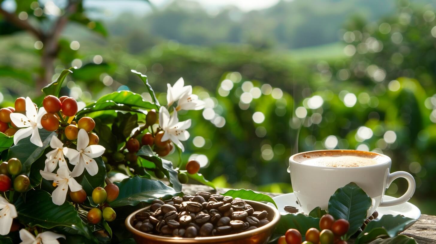 Kávécserje virágzó ágakkal, érett piros cseresznyékkel és pörkölt kávébabokkal egy csészében