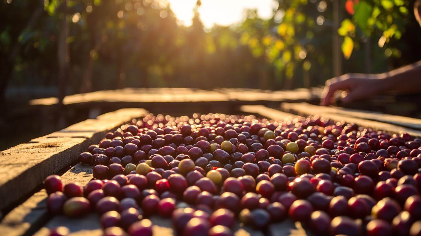 Kávécseresznyék feldolgozás közben