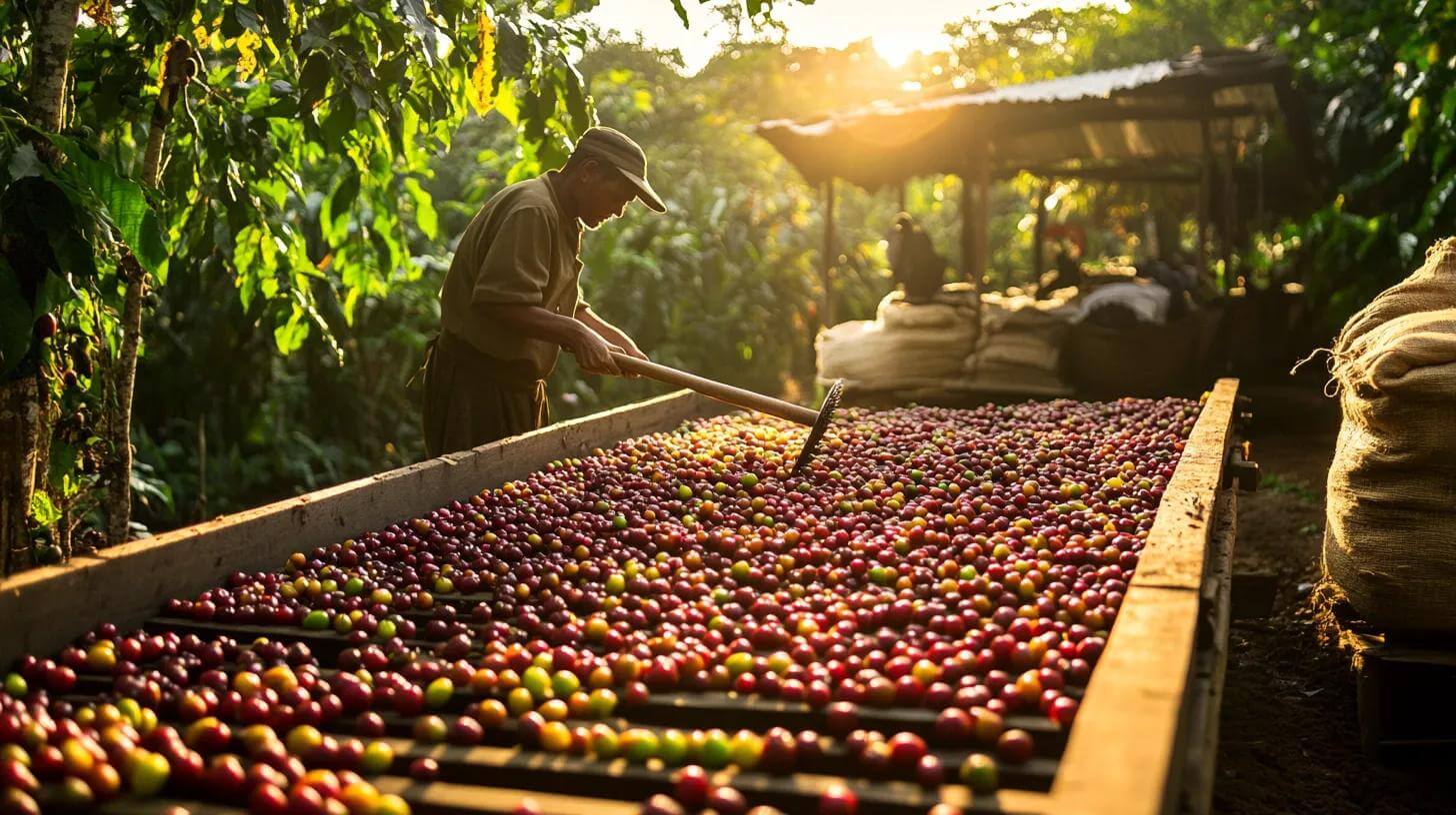 Tradicionális kávéfeldolgozó üzem naplementekor