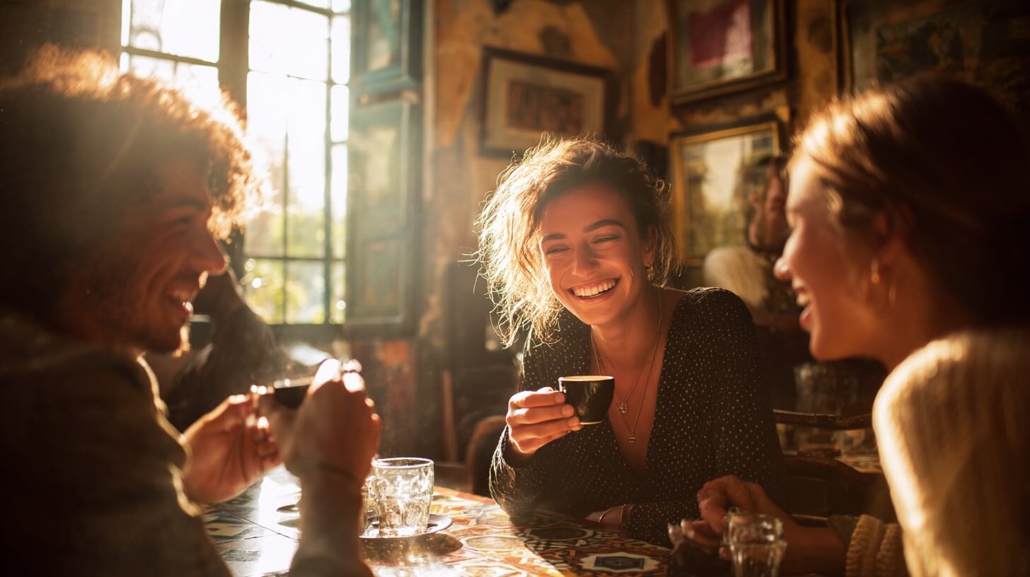 Csoport barátok olasz kávéval ünneplik a kávé világnapját