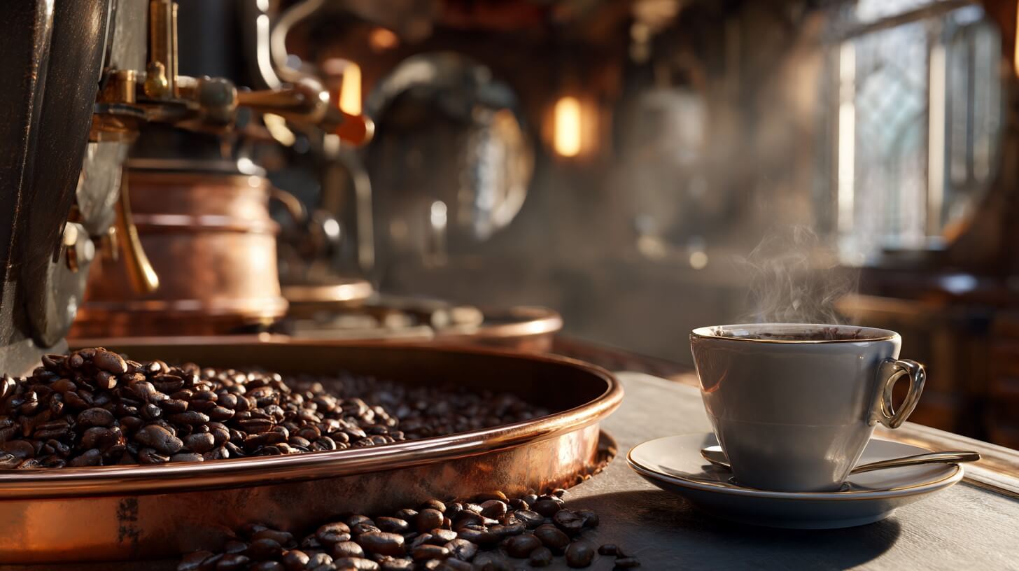 Hagyományos olasz kávébabok pörkölés közben, sűrű crema réteggel borított eszpresszó csészével