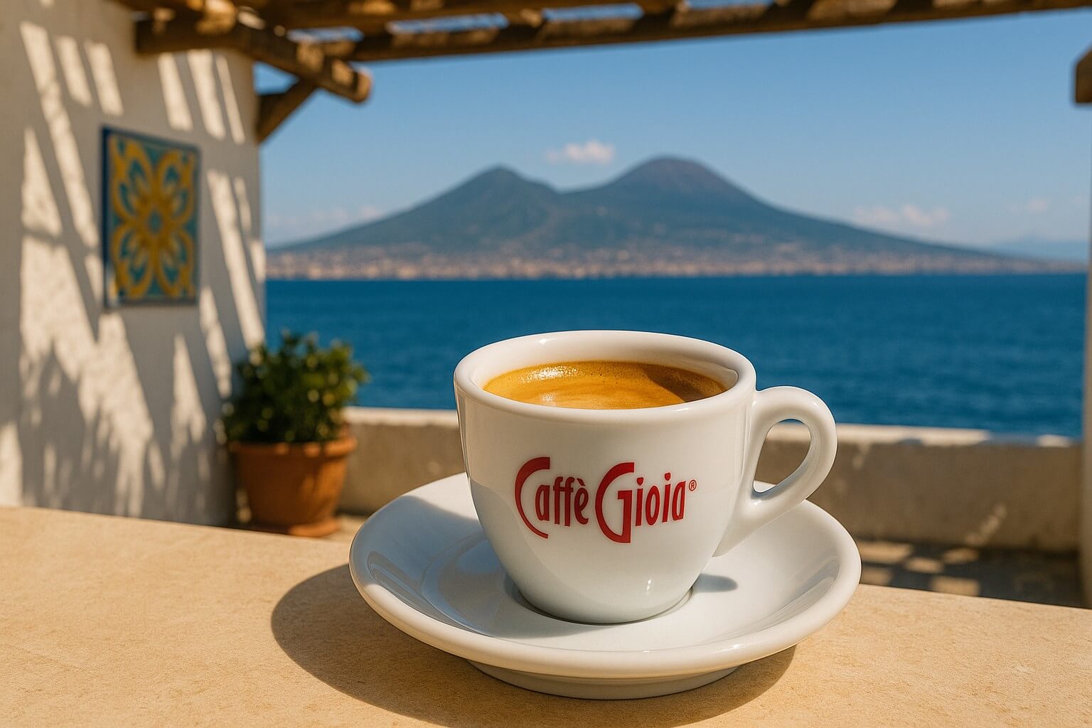 Caffè Gioia espresso kávé mediterrán teraszon nápolyi öböl és Vezúv vulkán háttérrel